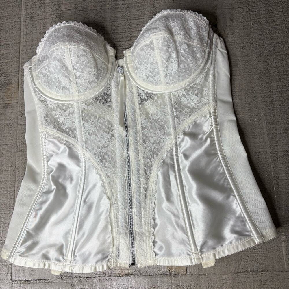 Vtg 60s Merry Widow Strapless Bustier Corset Longline Front Zip Front White 38B